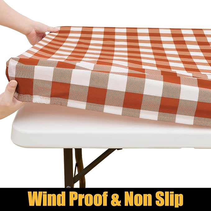 Smiry Rectangle Picnic Table Cloth, Elastic Waterproof Fitted Vinyl Tablecloths, Flannel Backed Buffalo Plaid Table Covers for Dining, Camping, Outdoor, Thanksgiving (White and Rust, 30" x 96")