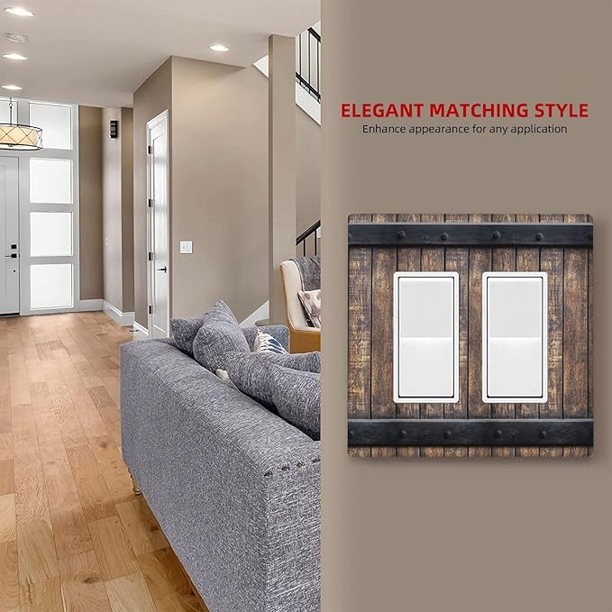 Outlet Covers Rustic Barn Door Vintage Country Wood Board 2 Gang Light Switch Cover Double Rocker Wall Plate Decorative GFCI Receptacle Electrical Switchplate for Farmhouse Cabin Decor（2 Pack）