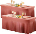 Wish Care 2 Pack Dusty Rose Spandex Table Clothes for 6 Foot Rectangle Tables, 6FT Wrinkle Free Fitted Tablecloths Ruffles Design Table Cloth for Party, Banquet, Wedding and Events