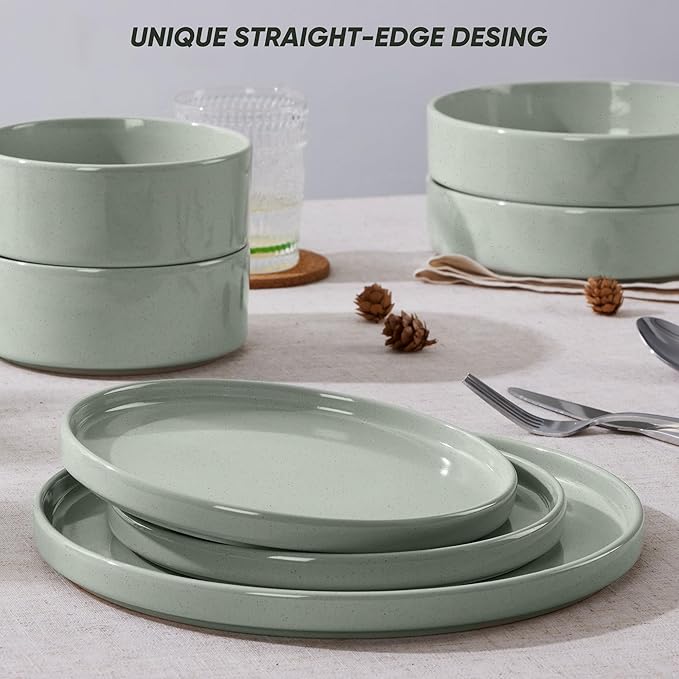 E-far 16-Piece Plates and Bowls Sets - Stoneware Dinnerware Sets with Pasta Bowls for 4 | Microwave & Dishwasher Safe Kitchen Modern Dish Set, Speckled Green