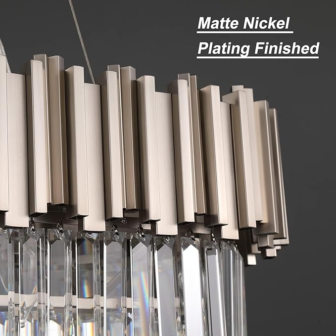 L43.3 Modern Rectangle Crystal Chandelier Nickel Linear Pendant Ceiling Light Fixture for Dining Room Contemporary Oval Raindrop Chandeliers Lighting for Kitchen Island 13-Light