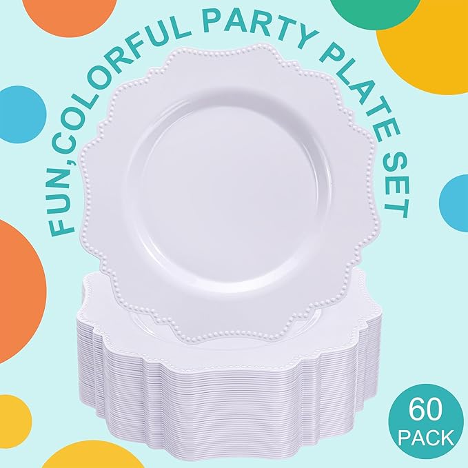 COLOSUS 60pcs 7.5 Inch White Plastic Dessert Plates,Premium Plastic Salad Plates,Heavy Duty Disposable Appetizer Plates for Thanksgiving Wedding and Everyday Use