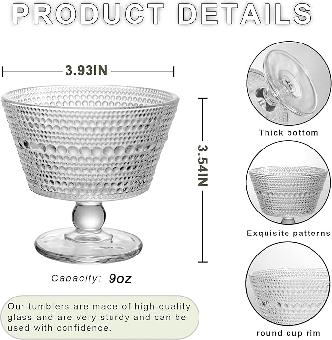 Glass Dessert Bowls Set of 8, 9oz Ice Cream Sundae Cups for Breakfast, Oats, Milk, Sorbet, Yogurt (8PCS)