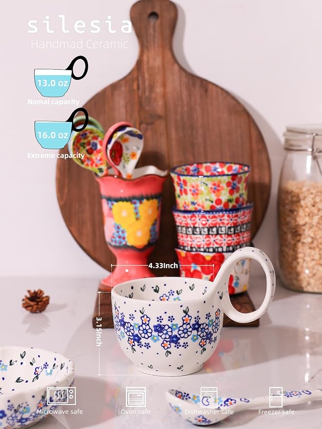 silesia Handmade Loop Handle Soup Bowl, Plate and Spoon Set Ceramic Hand - Image 2