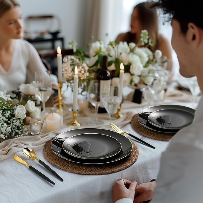 100 PCS Black Gold Plastic Plates, 10 inch Black Disposable Plates for Party, Plastic Dinner Plates for Party, Graduation, Birthday, Wedding
