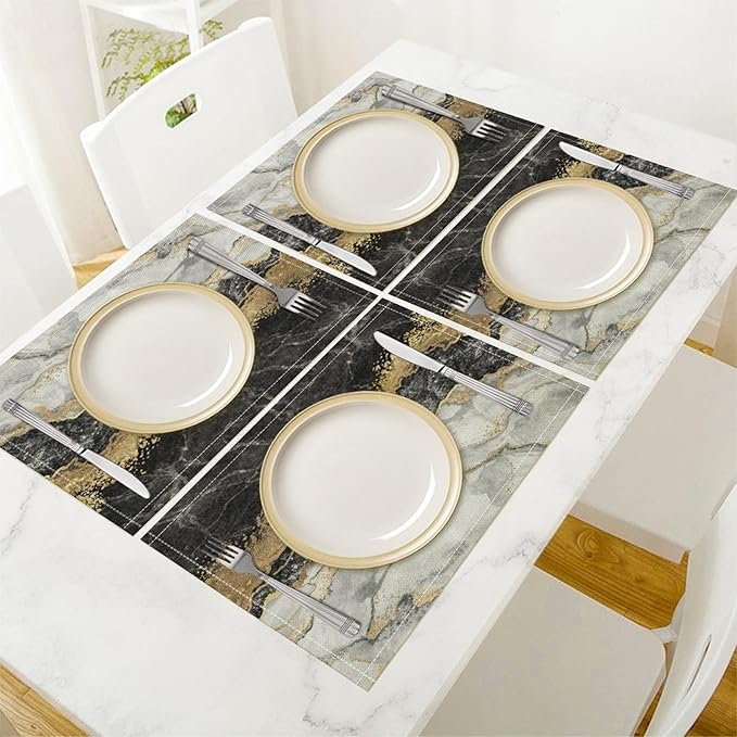 Marble Linen Place Mats Set of 4, 12x17 Inch Modern Luxury Texture Black Grey Gold Marble Washable Fabric Non-Slip Placemats for Home Dining Table Banquets Party Kitchen Decoration