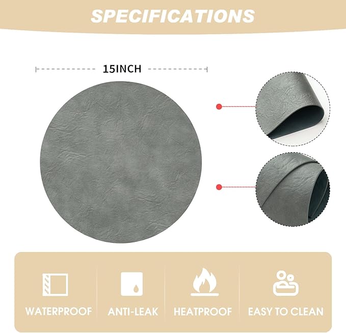 Artoid Mode Grey Faux Leather Placemats Set of 4, 15 Inch Waterproof Wipeable Heat Resistant Vinyl Place Mats, Reversible Table Mats for Winter Kitchen Dining Decor