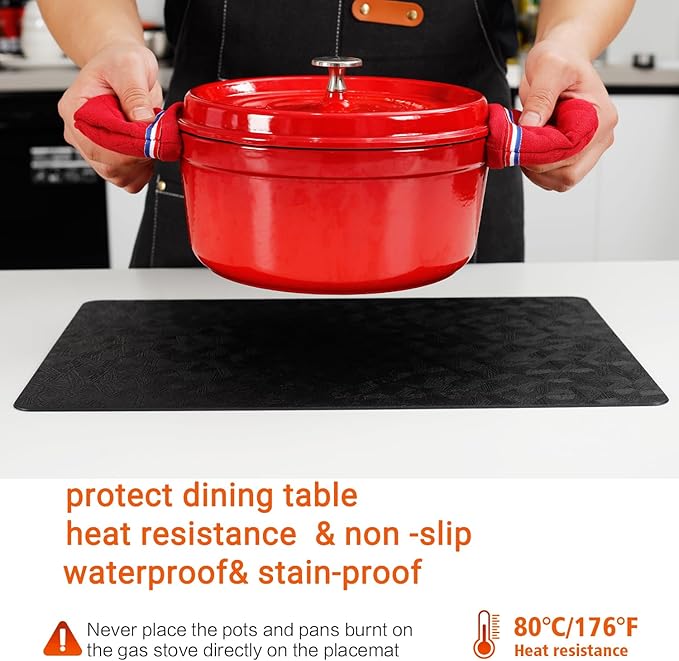 Vinyl Placemats Set of 8 Heat Resistant Easy Clean Non-Slip Place Mats for Dining Table Faux Leather Waterproof Stain Resistant Wipeable Washable PVC Table Mats(8, Black)