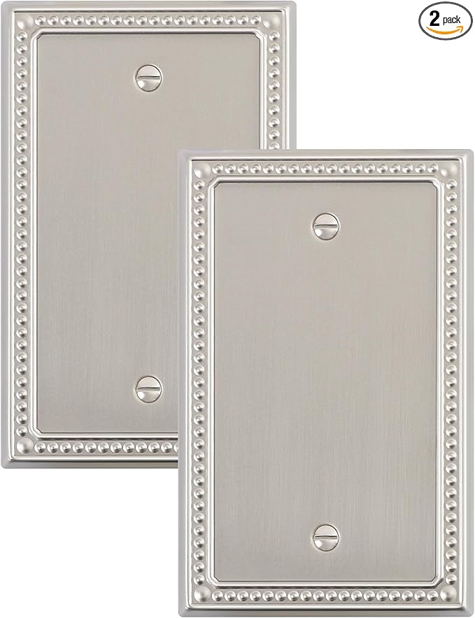 2-Pack Blank Outlet Cover Wall Plate, Metal Switch Plates Outlet Covers, Brushed Nickel Pearls Beaded Decorative Wall Plates