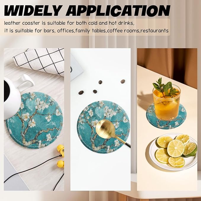 Coasters for Drinks PU Leather,Set of 6 with Holder,Round Housewarming Gift Home Decor,Teal Green Almond Flowers