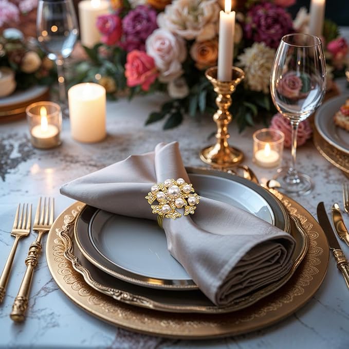 Decozen Set of 4 Gold Napkin Rings with Pearl Design, Festive, Table Decor Setting for Holiday, Wedding, Birthday, Kitchen, Home Decor, Housewarming Gift - Thanksgiving & Christmas Gift Decoration