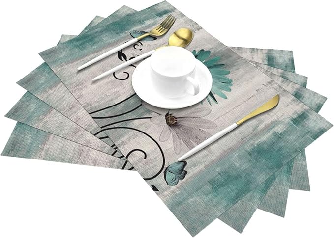 Floral Placemats Set of 4, 12x18 Inch Teal Blue Daisy Flower Table Mats Rectangle Vintage Flowers Holiday Decorative Table Placemats for Party Home Kitchen Dining Table Decoration