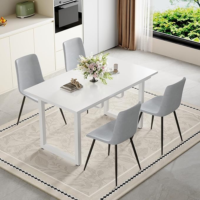 Extendable Dining Table Set for 4, 55"–71" Modern White Kitchen Table with 4 Upholstered Chairs, Space-Saving for Living Room Apartment, Sturdy & Comfortable, Easy Assembly