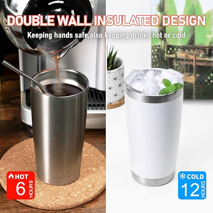 COMOOO 20oz Tumbler with Straw Stainless Steel Insulated Coffee Tumbler Cups Double Wall Vacuum Travel Coffee Mug with Splash Proof Sliding Lid for Hot Cold Drinks (Mix Color,8 Pack)