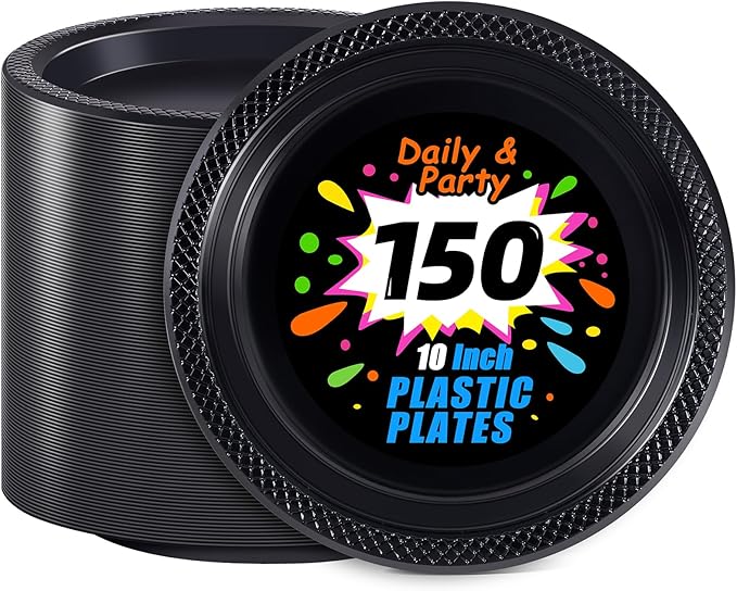 WELLIFE Black Plastic Plates 10 Inch -150 Count for Party, Plastic Disposable Dinner Plates for Easter Picnic BBQ