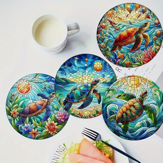 Wood Coasters Set of 8 - Handcrafted Drink Coaster Thick Heat-Resistant for Office, Bar, Farmhouse - Cute Turtle Drink Cup Coasters for Table Protection
