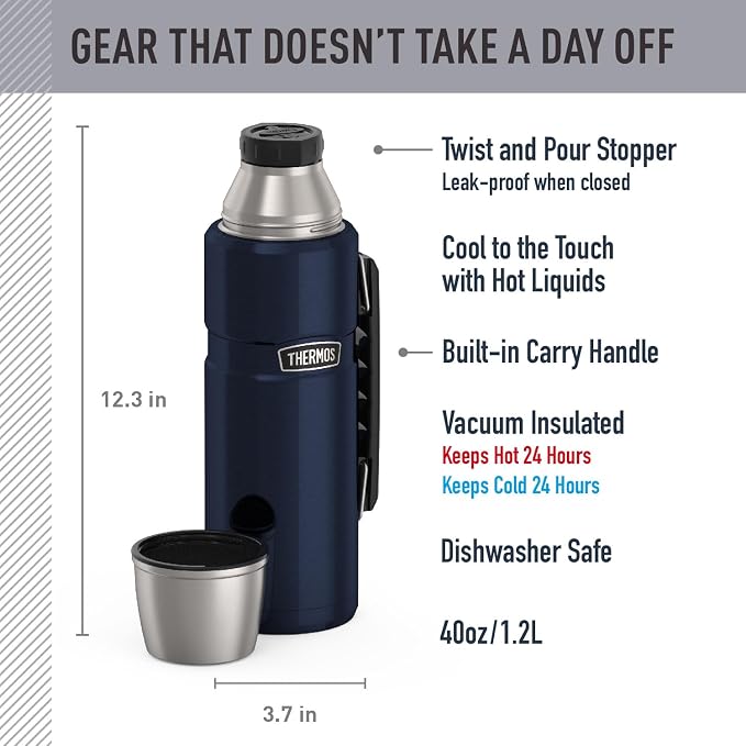 THERMOS Stainless King Vacuum-Insulated Beverage Bottle, 40 Ounce, Midnight Blue - Image 2