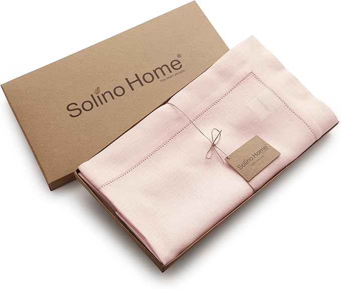 Solino Home Linen Tablecloth for Rectangle Tables 60 x 90 Inch - Classic Hemstitch 100% Pure Linen Pink Table Cloth - Machine Washable Cloth Tablecloth for Valentines, Spring, Easter