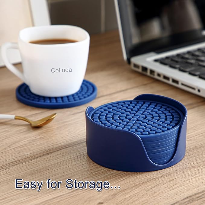 Colinda Silicone Drink Coasters with Holder, Set of 6, Outdoor Cup Mat for Hot or Cold Drinks, Thickened, Non-Slip,Non-Stick, Malachite Green