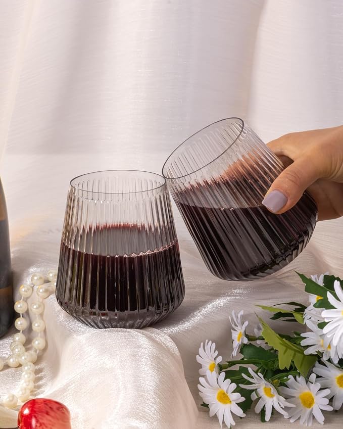 Goodluck 36 Pack 12oz Stemless Plastic Wine Glasses – Clear Ribbed Cups | - Image 7