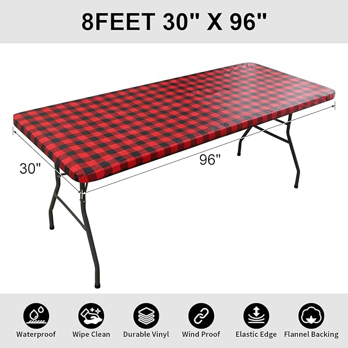 Smiry Rectangle Picnic Table Cloth, Elastic Waterproof Fitted Vinyl Tablecloths, Flannel Backed Buffalo Plaid Table Covers for Dining, Camping, Outdoor (Black and Red, 30" x 96")