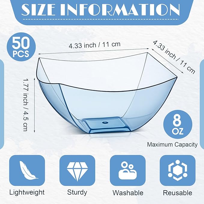 Tanlade 50 Pcs Square Plastic Serving Bowls Disposable Snack Salad Bowl Small Party Candy Bar Containers Taco Bar Serving Dishes for Buffet Chips Fruit (8 oz,Blue)