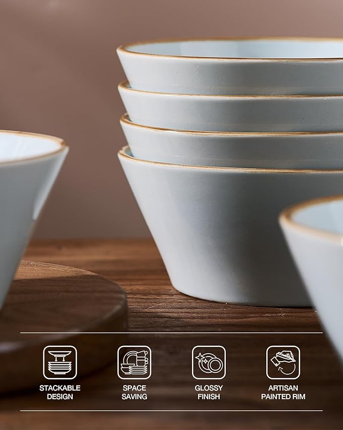 Famiware Saturn Plates and Bowls Dish Sets for 6 (18 Pieces), Stoneware Dinnerware Set with Hand-Painted Trim - Chip & Scratch Resistant, Microwave & Dishwasher Safe Ceramic Dishes, Light Blue