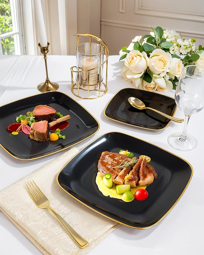 bUCLA 50PCS Black and Gold Plastic Plates - Square Black Gold Plastic Disposable - Include 25 Dinner & 25 Dessert Plates, Ideal for Party & New Year