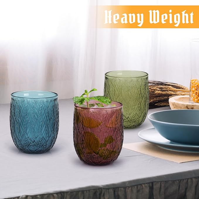 Topsky Vintage Drinking Glass Set of 4,12 oz Embossed Willow Leaf Drinkware Set,Colorful Drinking Glasses Cups Wine Glasses Colored Glassware for Whisky,Beer,Juice,Cocktail,Heavy Duty