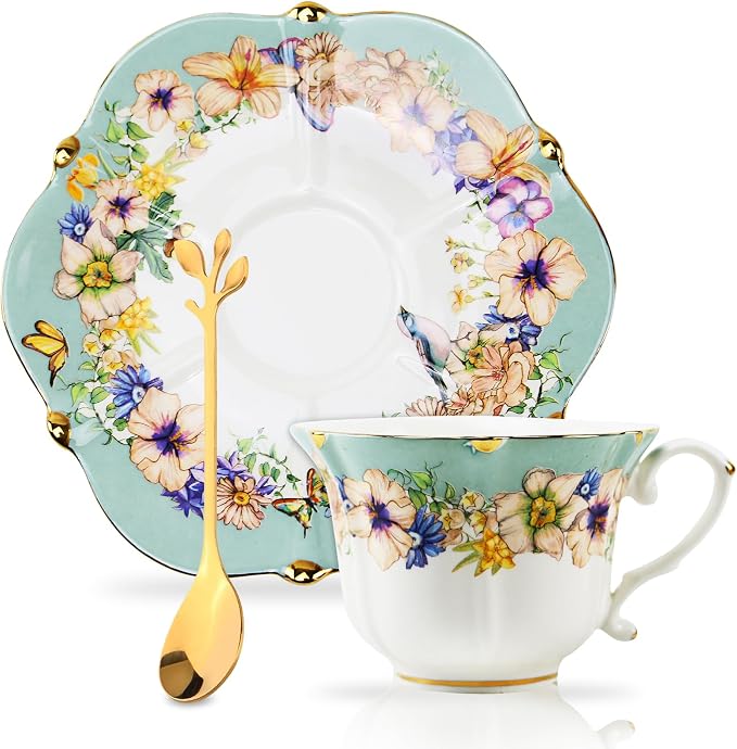Country Roses Porcelain Tea Cup and Saucer Set by Unknown