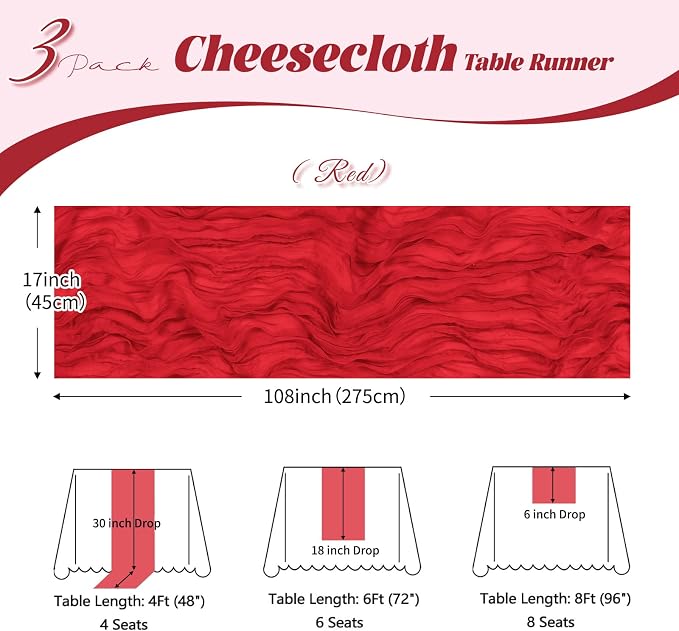 3 Pack Red Cheesecloth Table Runner, 17 x 108 inch, Semi Sheer Boho Cheese - Image 3