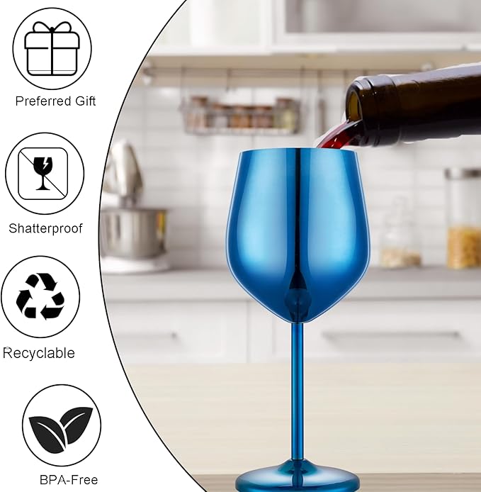 Stainless Steel Wine Glasses Set of 2, 18 oz Unbreakable Blue Wine Glass Unique Metal Wine Goblets for Outdoor Capming and Pool Gift for Wine Lovers