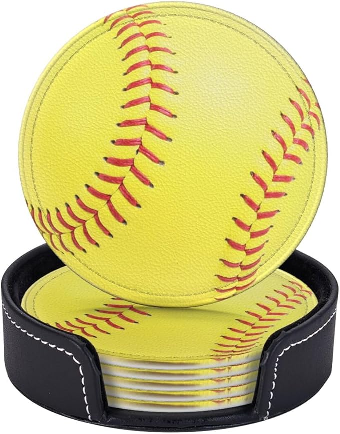 Softball Yellow Coasters for Drinks with Holder Round Leather Coasters Set of 6 Cups Mugs Mat Pad for Home Kitchen Bar