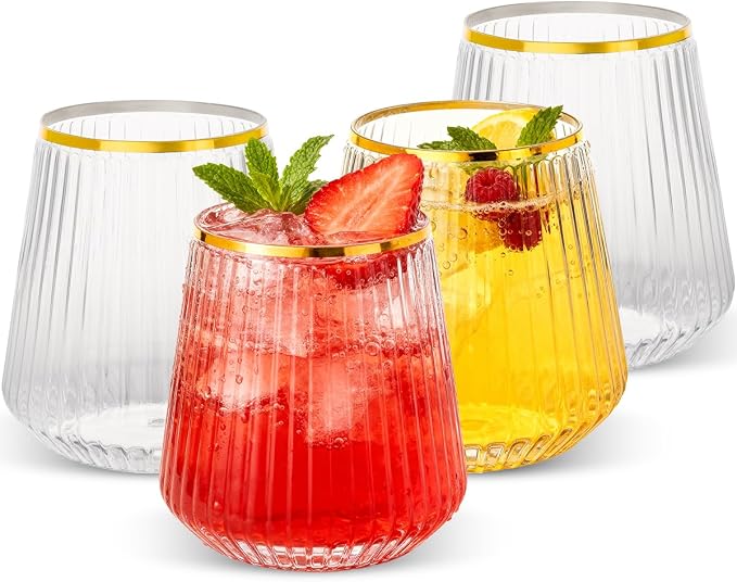 Goodluck 120 Pack 12oz Stemless Ribbed Plastic Wine Glasses Gold Rim | Clear by GoodLuck