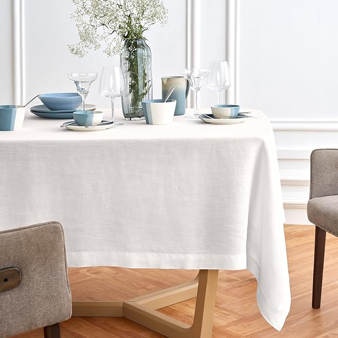 Solino Home White Linen Tablecloth 70 x 90 Inch - 100% Pure Linen Table Cloth for Rectangle Tables - Sonoma, Machine Washable Tablecloth for Winter, Valentines, Spring, Easter