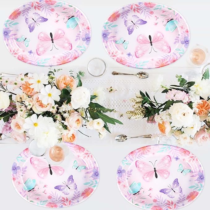 50Pcs Butterfly Oval Paper Plates 10" x 12" Large Disposable Heavy Duty Watercolor Butterfly Floral Party Plates Pink Spring Dessert Platters for Girls Baby Shower Butterfly Birthday Party Supplies