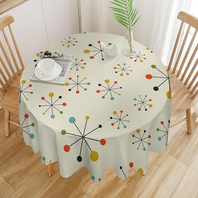 Medieval Round Tablecloth, Boho Mid Century Abstract Modern Retro Colors Pattern Tablecloth for Home Party Dining Room Kitchen Decor 60Inch(152cm)