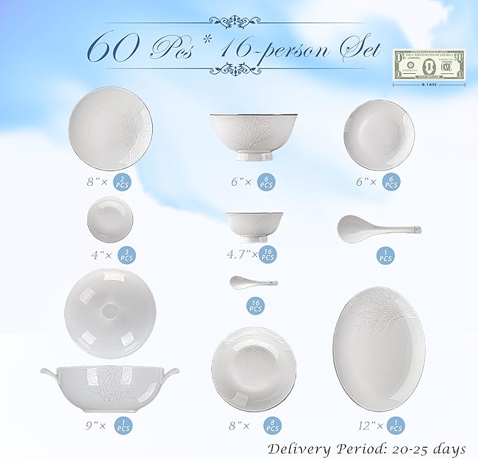 Fine Bone China Dinnerware Set,Porcelain&Ceramic Dinnerware Sets,Bone Stoneware&Ceramic Cookware Tableware Set Includes Dinner Plates|Spoons|Pasta Bowls|Soup Pot|Chopsticks (60PCS * 16-Person Set)