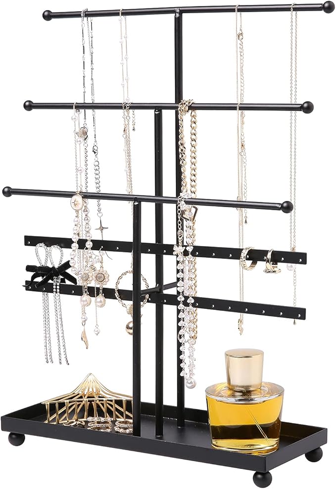 MyGift Modern 3-Tier Metal Jewelry Organizer Stand - Matte Black Jewelry Storage Display with Ring Tray, 18 Earring Hooks & 5 T-Bars for Necklaces, Bracelets, Earrings - Home/Boutique Use