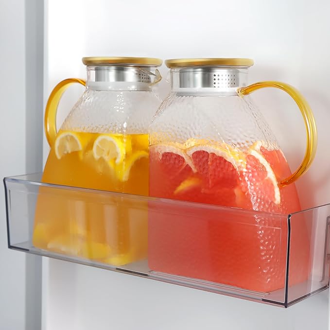 2 Pack Glass Pitcher With Handle And Lid, Large 2 Liter Glass Water Pitcher For Fridge, 68oz glass Tea pitcher Hot And Cold Iced Juice Coffee Milk, Jug Carafe For Beverages Drink