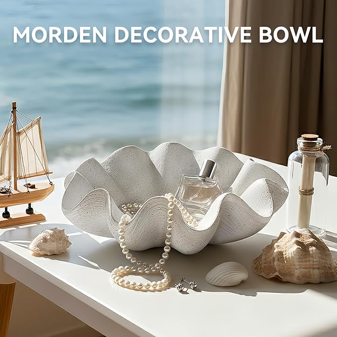 Scalloped Decorative Bowl Home Decor - 12.6" Modern Handicraft Large Shell Ruffle Decorative Fruit Bowl for Kitchen Counter, Chic Key Tray for Entryway Table, Artificial Stone White