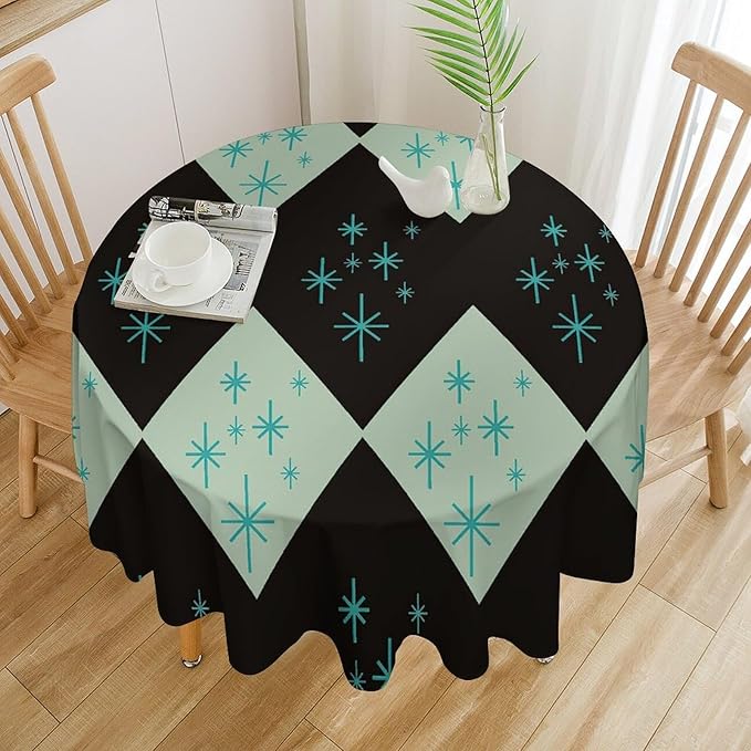 Retro Bohemian Mid Century Round Tablecloth, Abstract Modern Geometric Mid Century Tablecloth for Home Party Dining Room Kitchen Decor 70Inch(178cm)