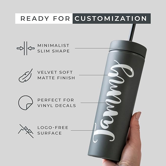 SKINNY TUMBLERS Matte Pastel Colored Acrylic Tumblers with Lids and Straws (4 pack) | 16oz Double Wall Plastic Tumblers With FREE Straw Cleaner! Reusable Cup With Straw | Vinyl DIY Gifts (Black)