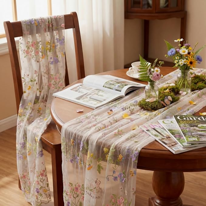 Ivory White Floral Table Runner 10ft Embroidery Tulle Spring Wildflower Gauze - Image 6
