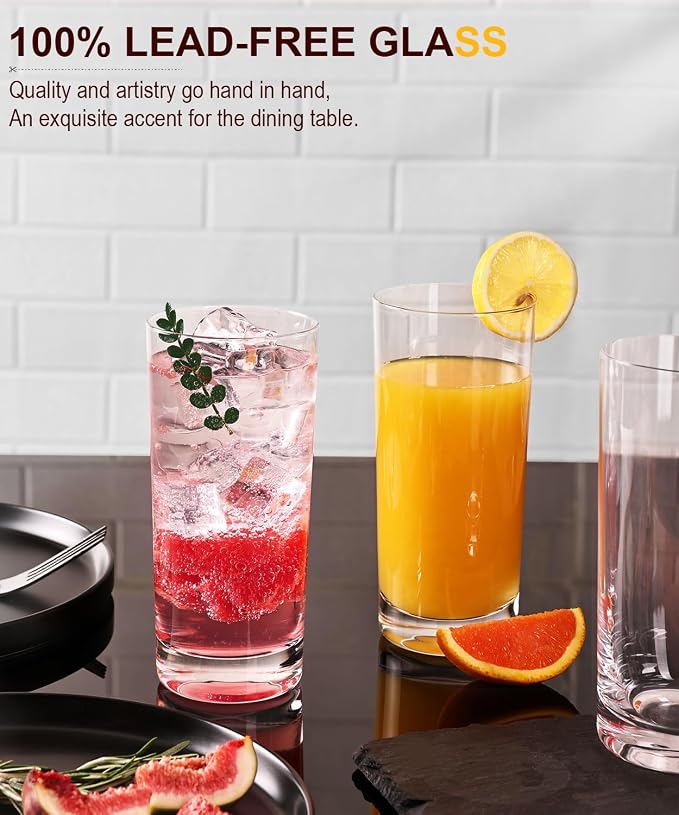 Drinking Water Glass Cups Set, Crystal Highball Glasses cups set of 8, 16oz | - Image 2