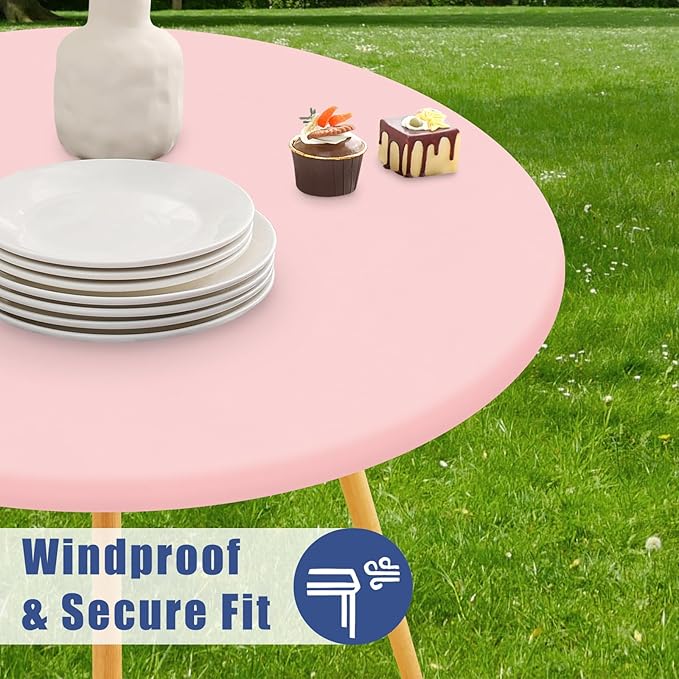 Round Spandex Valentines Day Tablecloth, Elastic Fitted Waterproof Tablecloths for 18"-24" Tables, Stretch Washable Picnic Table Cover for Camping, Dining, Indoor and Outdoor, Pink