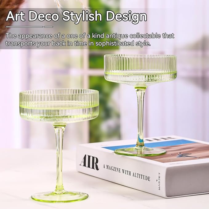 Green Vintage Art Deco Coupe Glasses Set of 6-9 oz Pale Green Ribbed martini Glasses|Vintage Cocktail Glasses Set,Unique Light green Coupe Glass
