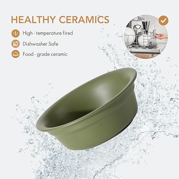 Ceramic 6.3-inch Raised Double-Bowl Set with Non-Slip Stand, 1.5 Cup Food or 15 oz Water Dishes for Small Dogs, Wide Opening with Rounded Edges(Olive Green)