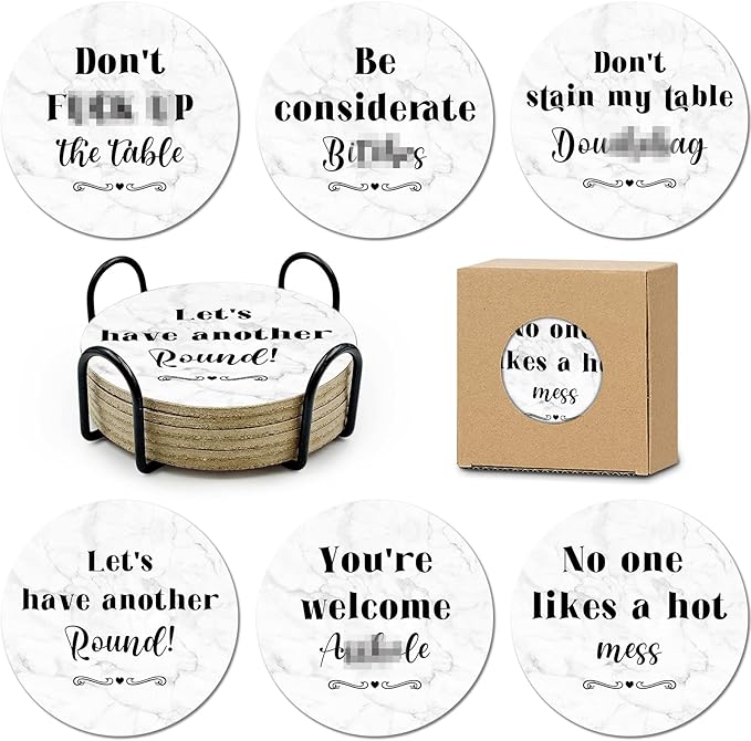 Funny Cork Drink Coasters Absorbent with Holder 6 Pcs Absorbing Stone Funny Drink Coaster Gift Set Housewarming New Home Apartment Kitchen House Decor Gift for Women Men
