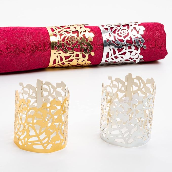 100pcs Disposable Rose Flower Paper Napkin Rings Laser Cut Foil Paper Napkin Holder, Leaf Vine Serviette Rings for Table Decoration,Christmas,Wedding,Party (Silver)